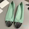 2024 Spring Summer Women Classic Ballet Flats Runway Designer Leather Sue Leather Round Round Toe Flat With Sweet Bow-Sned Slip على أحذية مسطحة