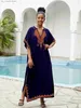 Basis Casual jurken Lorylei Dark Blue staande kraag geborduurd Kaftan dames modieus gewaad Boho feest vakantiehuis gewaad strandjurken Q1545 T240412