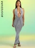 Abiti casual Boofeenaa Grey Stripe Stampato BodyCon Sexy CodyCon Deep v Halter senza backless Long Fall 2024 Outfit Night Club C70-CF27