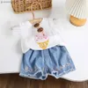 Kläderuppsättningar 2024 Summer Childrens Girls Cartoon Rabbit Cute T-Shirt+Cowboy Shorts 2-Piece Clothing Set Y240412