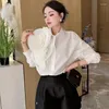 Women's Blouses WDMSNA Pleated Three-dimensional Big Flower Women Long Sleeve Blusas Mujer 2024 Chic Lapel Solid Color Ladies' Shirt