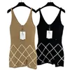 Basic & Casual Dresses designer 2024 Early Spring New Elegant Small Fragrant Wind Heavy Industry Contrast Color Diamond Grid Stripe Hooked Sweater Vest Skirt BUW6