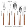 5 Pcs/Set Wood Grain Stainless Steel Dinnerware Set Tableware Knife Fork Spoon Teaspoon Cutlery Set Tableware Flatware HY0469