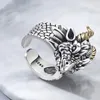 Äkta S925 Sterling Silver Rings for Women Men Fashion Vintage Golden Relief Dragon Head Punk Jewelry 240412