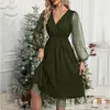 Casual Dresses Sheer Mesh Puffed Long Sleeve Elegant Dress Women V Neck High Slim midja Vintage Evening Dresse Female Party Prom