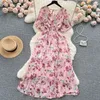 YUOOOOOO Women Chiffon Floral Long Dress Long Vneck Vneck Manga curta Vestidos de festa Aline Summer Bohemian Print Beach Vestidos 240412