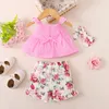 Clothing Sets 3Pcs Infant Baby Girls Summer Clothes Flying Sleeve Bowknot Flounce Cami Top With Flower Print Ruffle Shorts And Headband Set