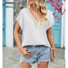 Frauenblusen Sommermodestil elegant Amazon V-Ausschnitt Spitze Satin Kurzarm Shirt Batwing Top Top