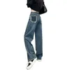 Frauen Jeans Weitbein weiblicher Online-Promi Rawedge Highwaist Lose geradlinige Hosen kleiner Farbpassungs-Taschen-Design Sinn Mopp