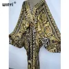 Sexy Beach Kaftan Caftan Feel Silk Rayon Fashion Print Winyi Maxi женские одежды Long Sukienka V-образное платье Bohemian 240411