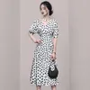 Sommer Polka Dot Midi Kleider Casual V-Ausschnitt hochwertiger Polyester Stoff