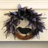 Decorative Flowers Halloween Bowknot Crow Wreath Door Hanging Artificial Rattan Horror Party Supplies Decoration Pendant 30cm Garlands