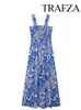 Trafza Women Fashion Blue and White Stampa Vintage Slip Dress Vintage Sliose Slim Slim Slingless Dress Female 240328