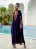 Basis Casual jurken Lorylei Dark Blue staande kraag geborduurd Kaftan dames modieus gewaad Boho feest vakantiehuis gewaad strandjurken Q1545 T240412