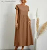 Urban Sexy Dresses Womens Elegant Solid Color Dress Summer Short Slve O-Neck Vintage Harajuku Cotton Linen Comfortable Loose Pocket Long Dress T240412