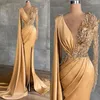 Vintage gouden avondjurken met lange mouwen formele gelegenheid vrouwen kleden zeemeermin v nek sexy kralen lovertjes feest prom jurken7628199