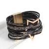 Bangle Amorcome Stars Handmade Stars Pattern Leather Wrap Bracelet Multilayer Big Metal Charm Bulbles Bulbles Boho Groca Magnética Presente de Jóias 24411