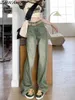 Jeans féminins américain High Street Vintage Green Straitement Femmes Spring Au automne Chic conçu Pantalon de tempérament minimaliste