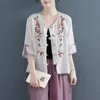 Zomer vrouwen vintage etnische stijl borduurwerk katoen linnen knop shirts vrouwelijke casual v nek halve mouw los blouse ropa mujer 240412