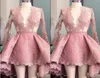 Charming Pink Cocktail Dress Cheap Asymmetrical High Low Designer V neck Illusion Long Sleeves Applique Lace Prom Evening Party Go4058265