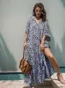 Casual Dresses 2024 Leopard Self Belted Side Split Summer Beach Dress Long Tunic Women kläder Plus Size Beachwear Maxi Q1226