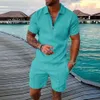 Mens Athletic Tshirt Set Casual Lapel Short Sleeve Pullover Zip Up Tshirt Shorts 2Piece Set Solid Sporty Surs 240410