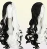 Cruella Deville de VIL Wigs Wigs 75 cm Curno di peli a calore nero riccio lungo il tappo di capelli sintetici resistenti al calore nero Y09131655421