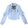 Vestidos de trabalho Japanes Lolita Mine Seri Suit Buffle Waist aparar camisa de costura Blusa de renda Mini saias de duas peças definidas
