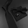 Mens Tie Bowtie Set Luxury Business Worker Blue Black Solid Color Silk Polyester Jacquard Woven Necktie Suit Wedding Party 240407