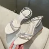 Tofflor Fashion Crystal Sequined Wedges Women Sexy Open Toe High Heels Wedding Prom Shoes Ladies PVC Transparent Sandals Slides