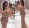 Arabic Beaded Poet Long Sleeves Luxury Evening Dresses 2023 Champagne Blue High Neck Formal Party Celebrity Gowns Prom Dress BC1007053876