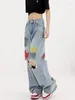 Jeans pour femmes femmes harajuku style européen streetwear streetwear peinture d'été éclaboussure tout-correspondant lavage large de pantalon denim de jambe