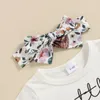 Roupas conjuntos de roupas infantis de cidadãos de cidadãos de garotas letra de letra impressão de manga curta T-shirt shorts florais e conjunto de roupas de cabeça