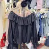 Blouses des femmes 2024 Elegant Ruffled Femmes Blouse Bref-taulder 3d Fleur Solid Shirt Top pour reflets manches françaises printemps 43908