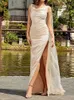 Casual jurken sexy beige mouwloze geplooide pailletten maxi jurk dames zomer swingende kraag split long celebrity avond feestjurk