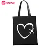 Sacs à provisions Travel Plane coeur amour noir imprimé femme canvas sac féminin fille fourre-tout