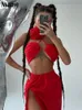 NSAUYE Summer Casual Beach Holiday High Split Jupe sexy Suit Femme Femmes Halter Tops Long Club Fashion Party Jupe Two Piece Set 240403