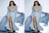 2017 Voir à travers les robes de soirée Sexy Zuhair Murad Sirène avec des manches longues Robe de bal Forme Crystals Blue High Split Celebrity 7198690