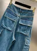 Dżinsy dżinsowe elementy solidne kolorowe multi kieszeni dżins 2024 Moda moda wysoka talia zamek błyskawiczny