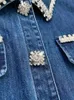 Abito in denim a pannelli a colore solido blu primaverile Abito a manicotto corto manica con strass di strass a petto singolo Abiti casual J4A12B116