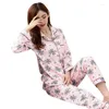 Home Clothing 2024 Women Comfortable Silk Pajama Set Girl Print Pyjama Long Sleeve Sleepwear Suit Nightshirt Sets