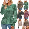 Dames blouses shirts herfst kleding print ronde nek geplooide mode mode lange mouw vrouwen blouse katoenen shirt kort druppel bezorgapparaat dhaod