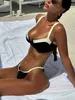 Damskie stroje kąpielowe dla kobiet bikini 2024 Modna czarna patchworka wyściełana stanik i stringi Swimsuits Seksowne kobiece kostium kąpielowy Brazylijski bikini T240412