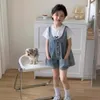 Jackets Children Clothing Kids Denim Pants Korean Style 2024 Summer Girls Flower Overalls Cute Sweet Casual Loose Shorts