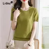 Kvinnors T-skjortor Kvinnor Korean Fashion Solid Elegant Ice Silk Sticked T-shirt 2024 Summer Casual O Neck Short Sleeve Slim Basic Pullover Tops