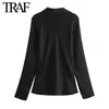 TRAF Women Fashion 2024 Spring Long Sleeve Tie-Up V-Deac Bow Blouse Street Clothing Satin Shirt Chic Ladies Tops Mujer 240411