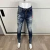 Męskie dżinsowe mody Mężczyźni Wysokiej jakości retro niebieskie elastyczne Slim Fit Ripped Patch Designer Hip Hop Brand Pants Hombre