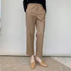 Pantalones de mujer cuero genuino para otoño e invierno 2024 estilo de desplazamiento urbano con diseño de cintura elástica bolsa de inserción inclinada