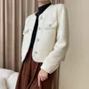 Women's Jackets Simple O-neck White Cropped Jacket Women Spring Autumn 2024 Trend Single Breasted Pearl Decoration Wool Blend Coats