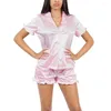 Home Clothing VWIWV 2024 Pink Ruffles Pyjamas 2 stuks Sets Satin Cami Top en Shorts Pyjama Set Sleepwear Shirt Casual knop